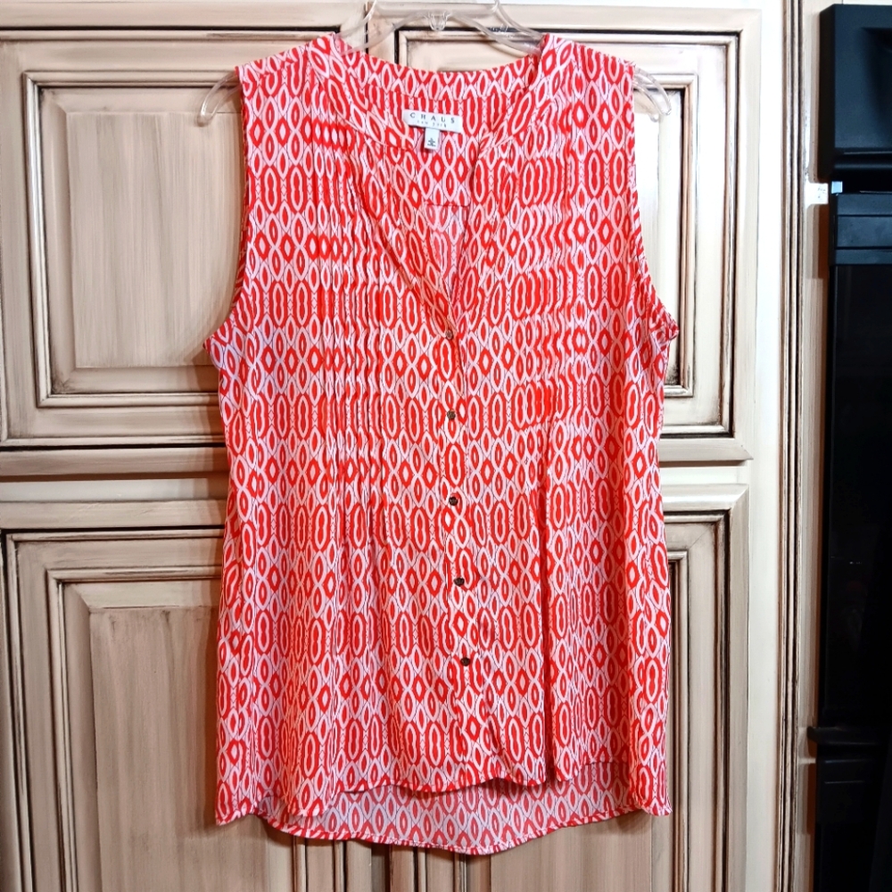 Chaus Sleeveless Blouse - Coral Orange Print‎ - Size Large L